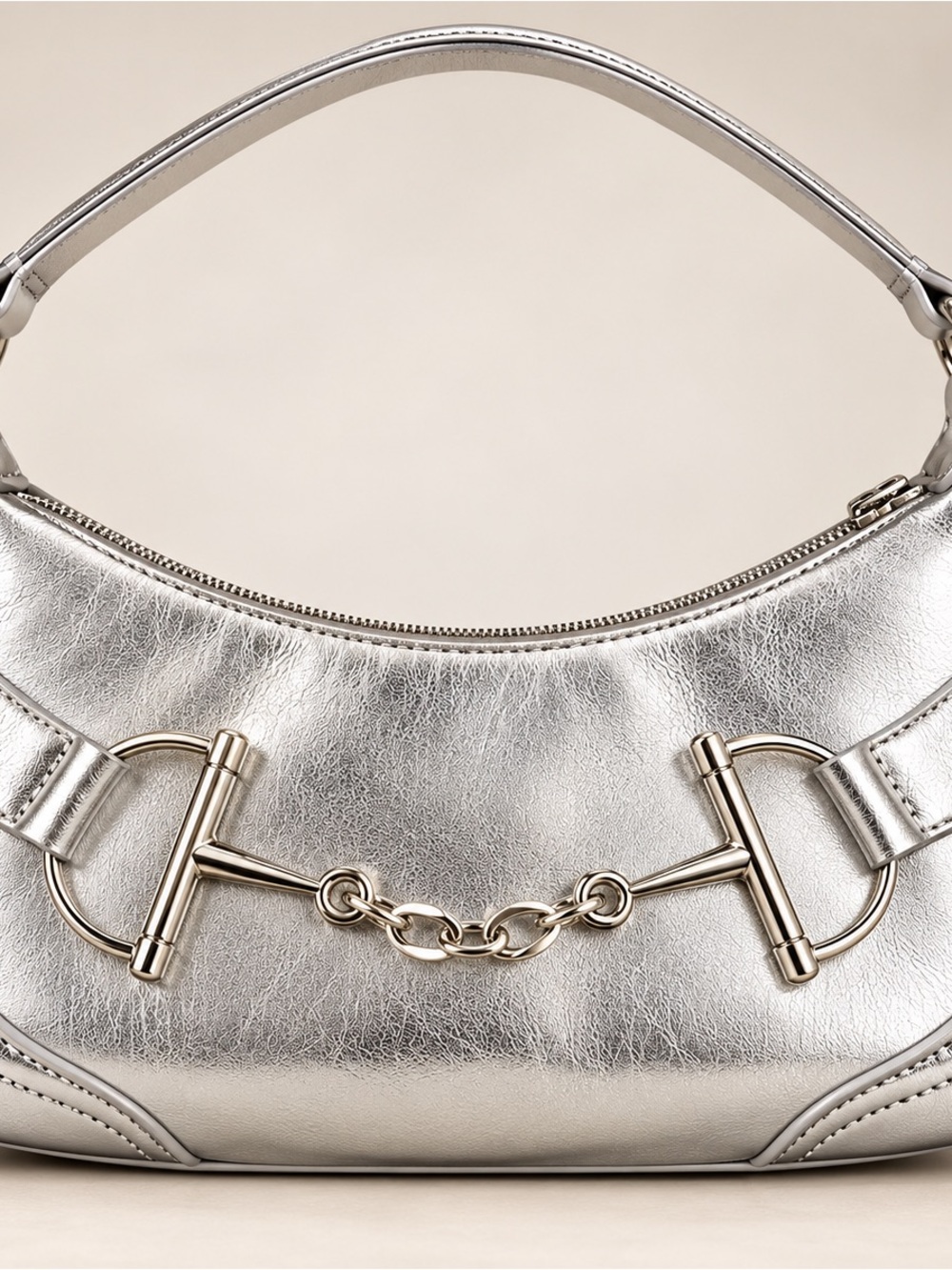 Silver Metallic Shoulder Bag with Chain Accent